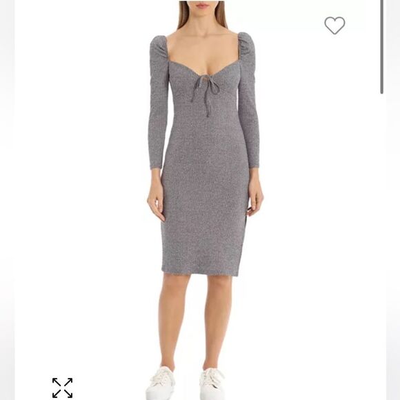 Avec Les Filles Prairie Ribbed Puff Sleeve Bodycon Midi Dress Ash Gray Small New - Picture 1 of 15